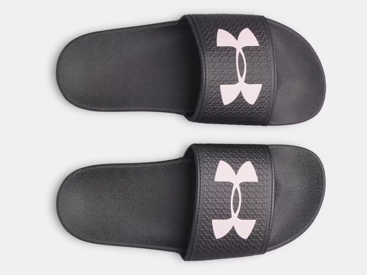 Sandales UA ARMR - Under Armour noires avec logo blanc, synthétique, pour fille, vue dessus en paire.