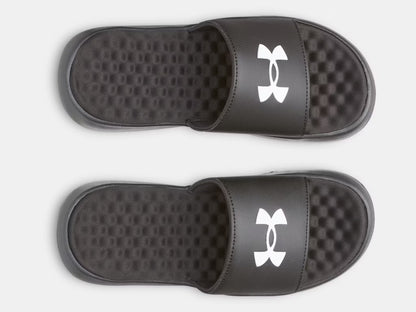 Sandales UA Ignite Pro 8 Fixed Strap - Under Armour noires avec logo blanc, style slide, pour garçon, vue de dessus.