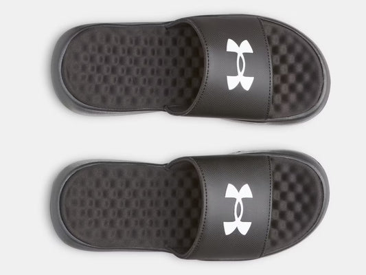 Sandales UA Ignite Pro 8 Fixed Strap - Under Armour noires avec logo blanc, style slide, pour garçon, vue de dessus.