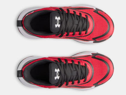 Espadrilles UA Lockdown - Under Armour rouges et noires en mesh respirant, vue de dessus, modèle pour enfant.