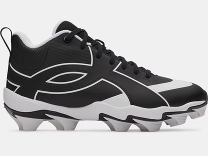 Chaussures de baseball UA Leadoff Icon Mid Rm - Under Armour noires et blanches, vue de profil, style mid cut, semelle crampons.