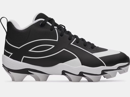 Chaussures de baseball UA Leadoff Icon Mid Rm - Under Armour noires et blanches, vue de profil, style mid cut, semelle crampons.