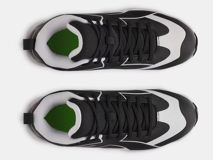 Chaussures de baseball UA Leadoff Icon Mid Rm - Under Armour noires et blanches, vue de dessus détaillée, lacets serrés, intérieur gris.