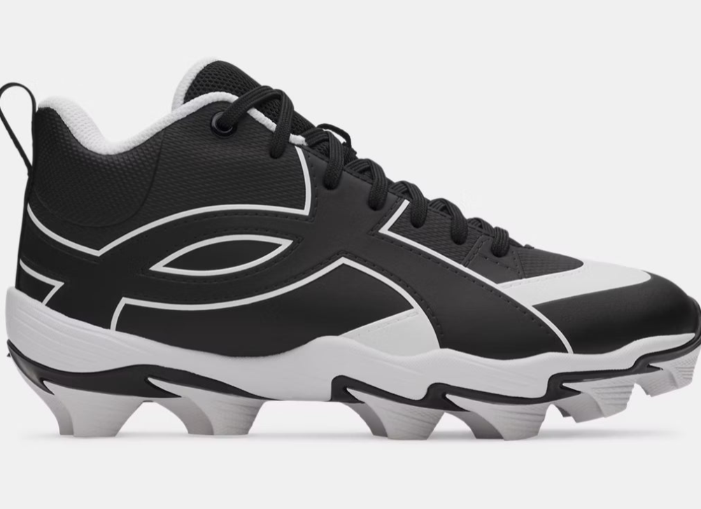 Chaussures de baseball UA Leadoff Icon Mid Rm - Under Armour noires et blanches, matière synthétique, vue de profil gauche.