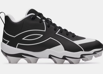 Chaussures de baseball UA Leadoff Icon Mid Rm - Under Armour noires et blanches, matière synthétique, vue de profil gauche.