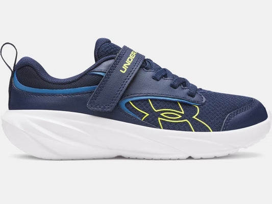 Espadrilles Surge 5 - Under Armour bleu marine avec détails jaune fluo et blanc, design sport, matière textile et synthétique, vue de profil enfant.