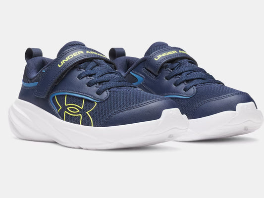 Espadrilles Surge 5 - Under Armour bleu marine et jaune pour enfant, style sport avec fermeture scratch, vue de trois quarts avant.