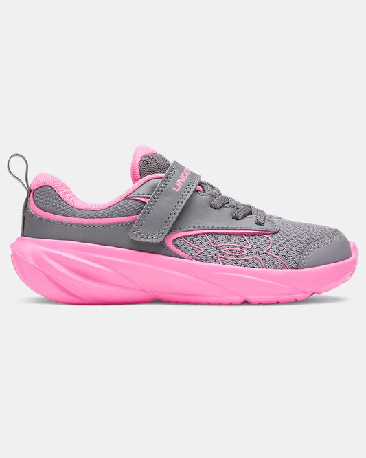 Espadrilles Surge 5 - Under Armour grises avec détails et semelle rose, en maille et matériau synthétique, chaussure enfant vue de profil.