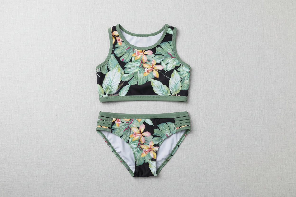 Maillot de bain - Mandarine & Co deux pièces vert kaki et noir à motif floral tropical, pour enfant, vue de dessus