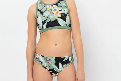 Maillot de bain - Mandarine & Co deux pièces noir imprimé feuilles vertes et fleurs jaunes, pour enfant fille, vue de face porté sur mannequin
