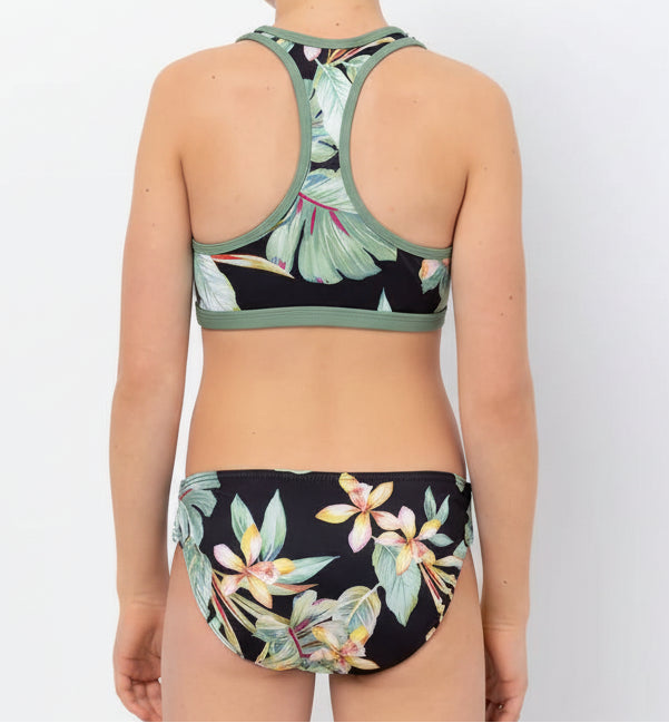 Maillot de bain - Mandarine & Co deux pièces noir à motifs floraux verts et jaunes, pour fille, vue de dos sur mannequin.
