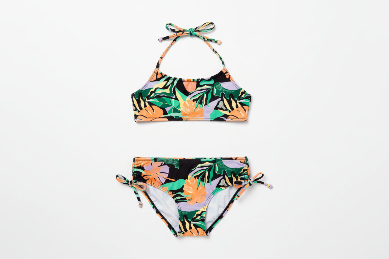 Maillot de bain - M.I.D. bikini fille noire à imprimé tropical vert orange violet, vue de face, style noué au cou et aux hanches