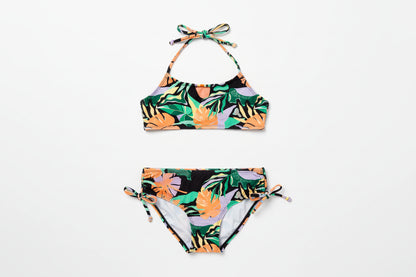 Maillot de bain - M.I.D. bikini fille noire à imprimé tropical vert orange violet, vue de face, style noué au cou et aux hanches