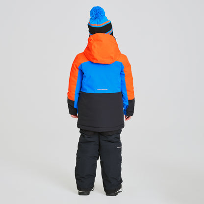 Habit de neige Colibri - Chlorophylle pour enfant, vue de dos, en tissu imperméable orange, bleu et noir, pantalon noir, style combiné hiver.