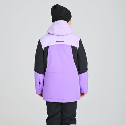 Manteau d'hiver Taïga - Chlorophylle violet clair et noir, style technique avec capuche, pour enfant, vue de dos porté sur mannequin.