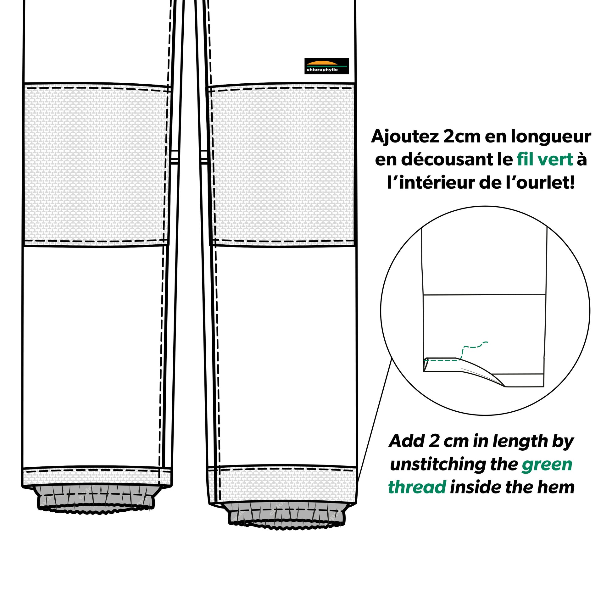 Pantalon technique beige et gris clair avec renforts, détails couture verts, pour enfant, illustration des instructions d’ajustement, Habit de neige 1 Pièce - Chlorophylle.