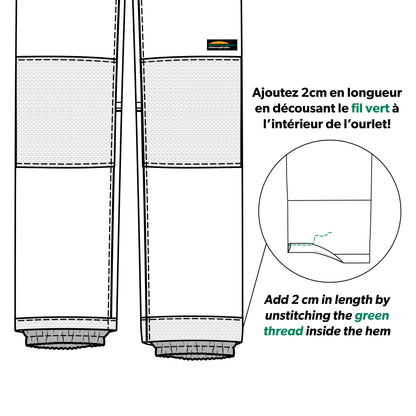 Pantalon technique beige et gris clair avec renforts, détails couture verts, pour enfant, illustration des instructions d’ajustement, Habit de neige 1 Pièce - Chlorophylle.