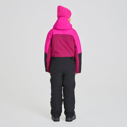 Habit de neige 1 Pièce - Chlorophylle pour enfant, combinaison isolante avec haut rose vif et bordeaux, pantalon noir, vue de dos.