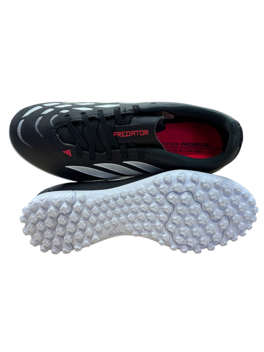 Chaussures de soccer Predator Club TF J - Adidas noires et blanches pour enfant, vue dessus et dessous, terrain intérieur.