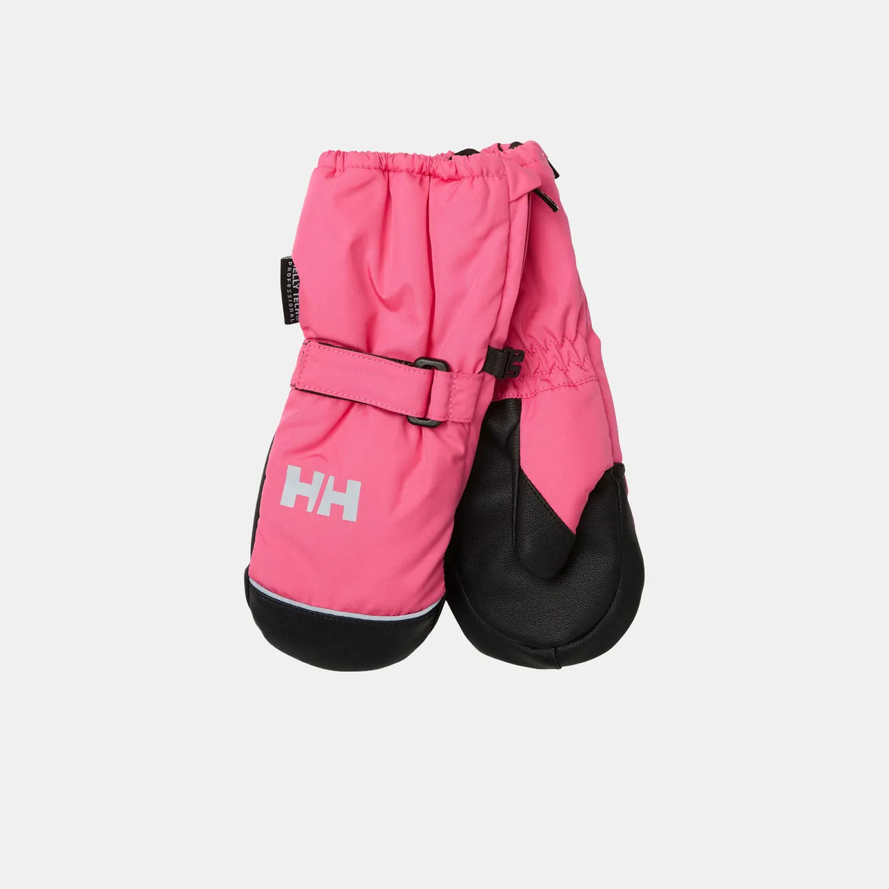 Mitaines d'hiver - Helly Hansen roses et noires en matériau imperméable avec fermeture réglable, vue de dessus sur fond clair.