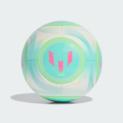 Ballon de soccer Messi Club - Adidas en plastique blanc, vert clair et rose, vue de face sur fond neutre.