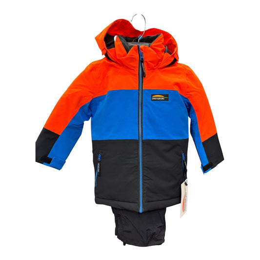 Habit de neige Colibri - Chlorophylle pour enfant, coloris orange, bleu et noir, coupe imperméable avec capuche, vue de face sur cintre.