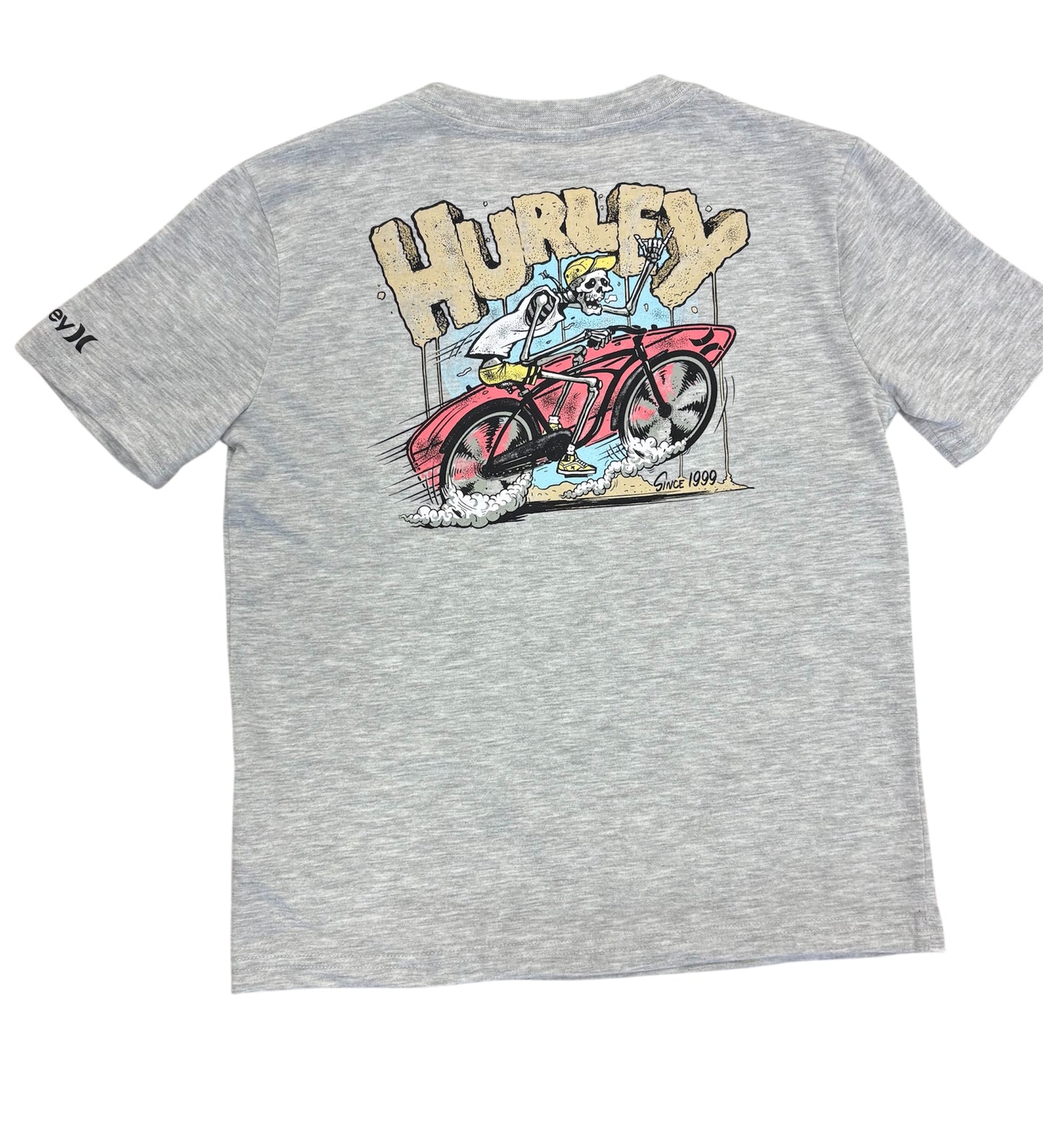 T-Shirt - Hurley gris clair en coton polyester, motif coloré arrière avec squelette à vélo, vue de dos.