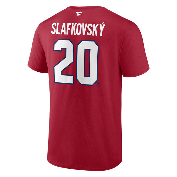 T-Shirt rouge en coton - Slafkovsky avec imprimé blanc et bleu marine "Slafkovsky 20" au dos, en coton, vue de dos.
