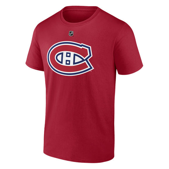 T-Shirt rouge en coton - Slafkovsky avec logo bleu et blanc devant, style manches courtes, vue de face sur fond blanc.
