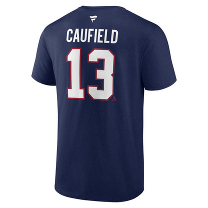 T-Shirt bleu en coton - Caufield, manches courtes, numéro 13 blanc avec contour rouge au dos, vue arrière sur mannequin adulte