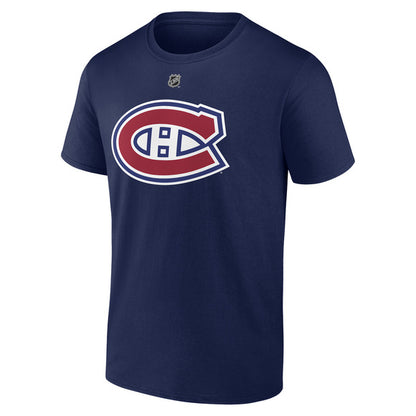 T-Shirt bleu en coton - Caufield, col rond, manches courtes, logo imprimé rouge et blanc au centre, vue de face, style sportif pour homme.
