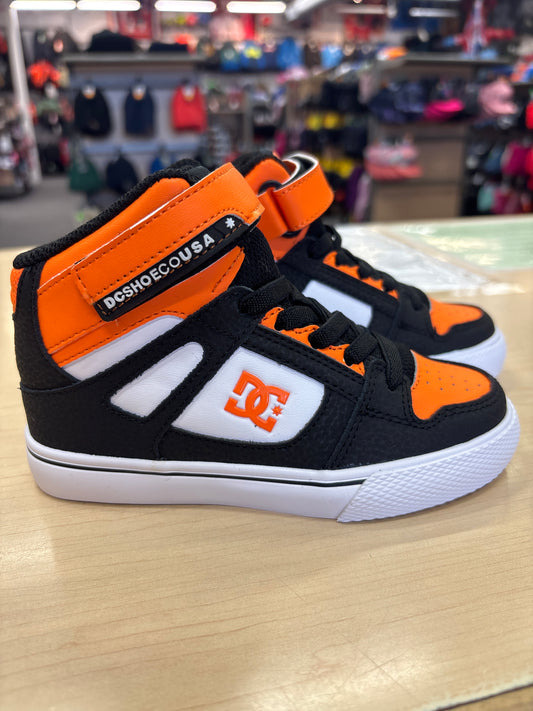 Chaussure Pure High-Top Ev - Dc, basket montante noir, orange et blanc en cuir et textile, vue de profil côté intérieur, enfant.