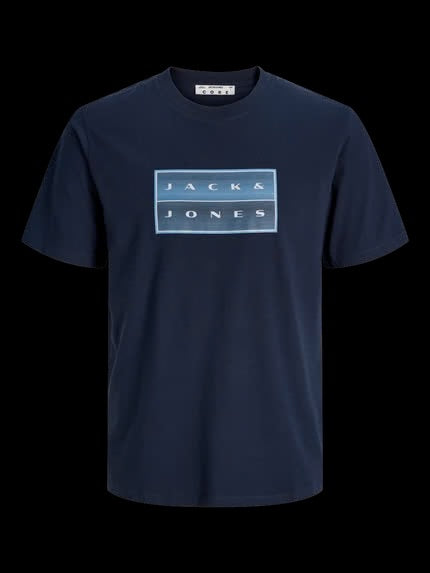 T-Shirt - Jack & Jones bleu marine en coton avec logo blanc et bleu clair sur la poitrine, vue de face, coupe classique homme.