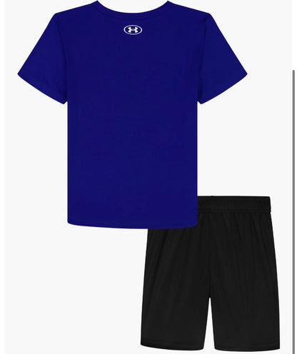 Ensemble Short - Under Armour bleu et noir en polyester, tenue sportive confortable et légère pour entraînement.