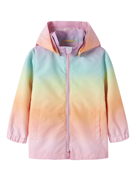 Manteau Mi-Saison - Name It coupe-vent pastel dégradé rose, orange et vert, enfant, à capuche, vue de face