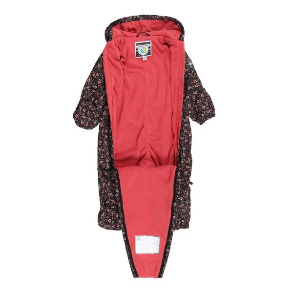 Une pièce Mi-Siason Louise - Nanö noir à fleurs roses avec intérieur polaire rouge, vêtement enfant, vue ouverte à plat
