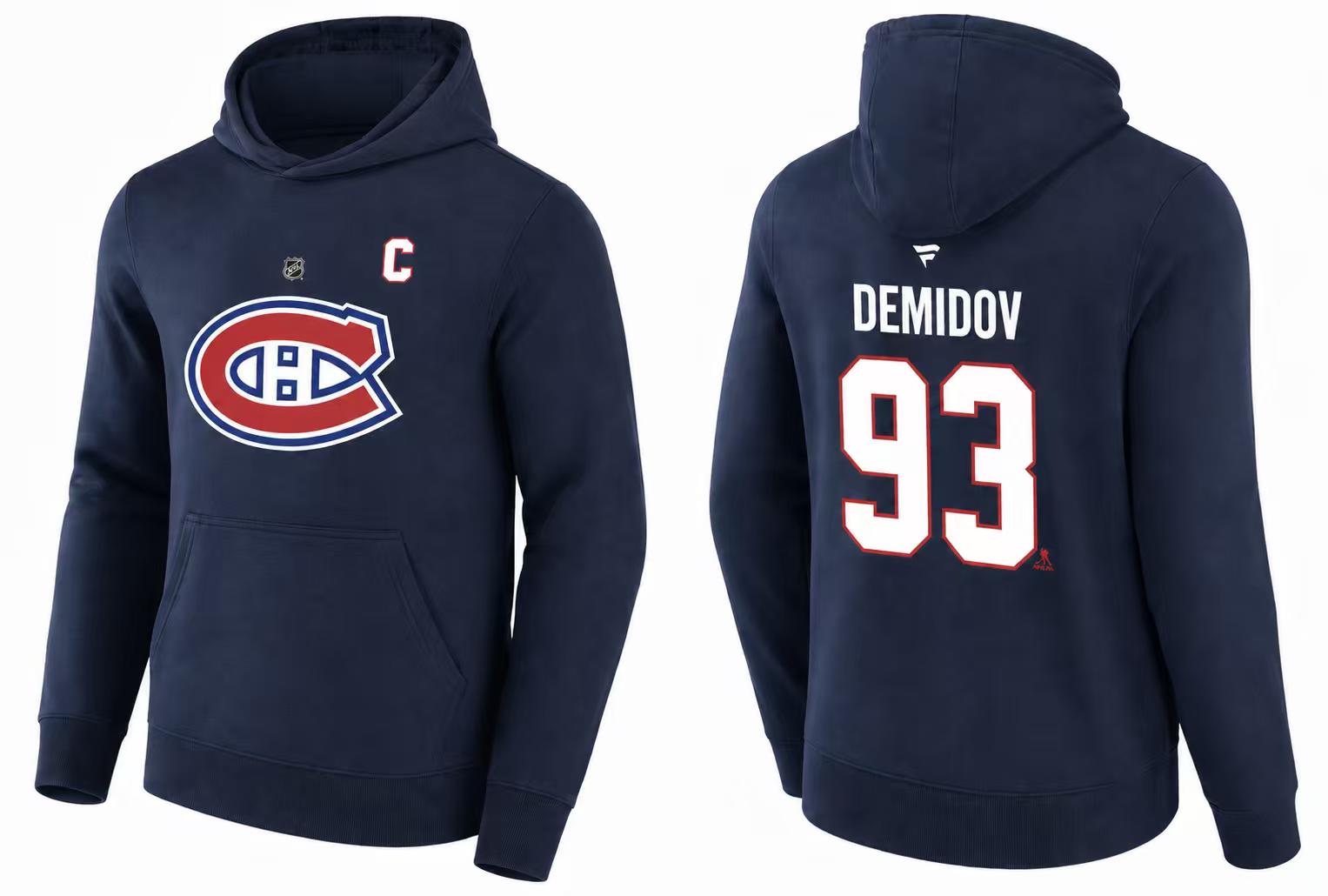 Hoodie Canadiens - Demidov en coton bleu marine avec logo Canadiens rouge et blanc sur le devant, numéro 93 et nom Demidov au dos, vue avant et arrière.
