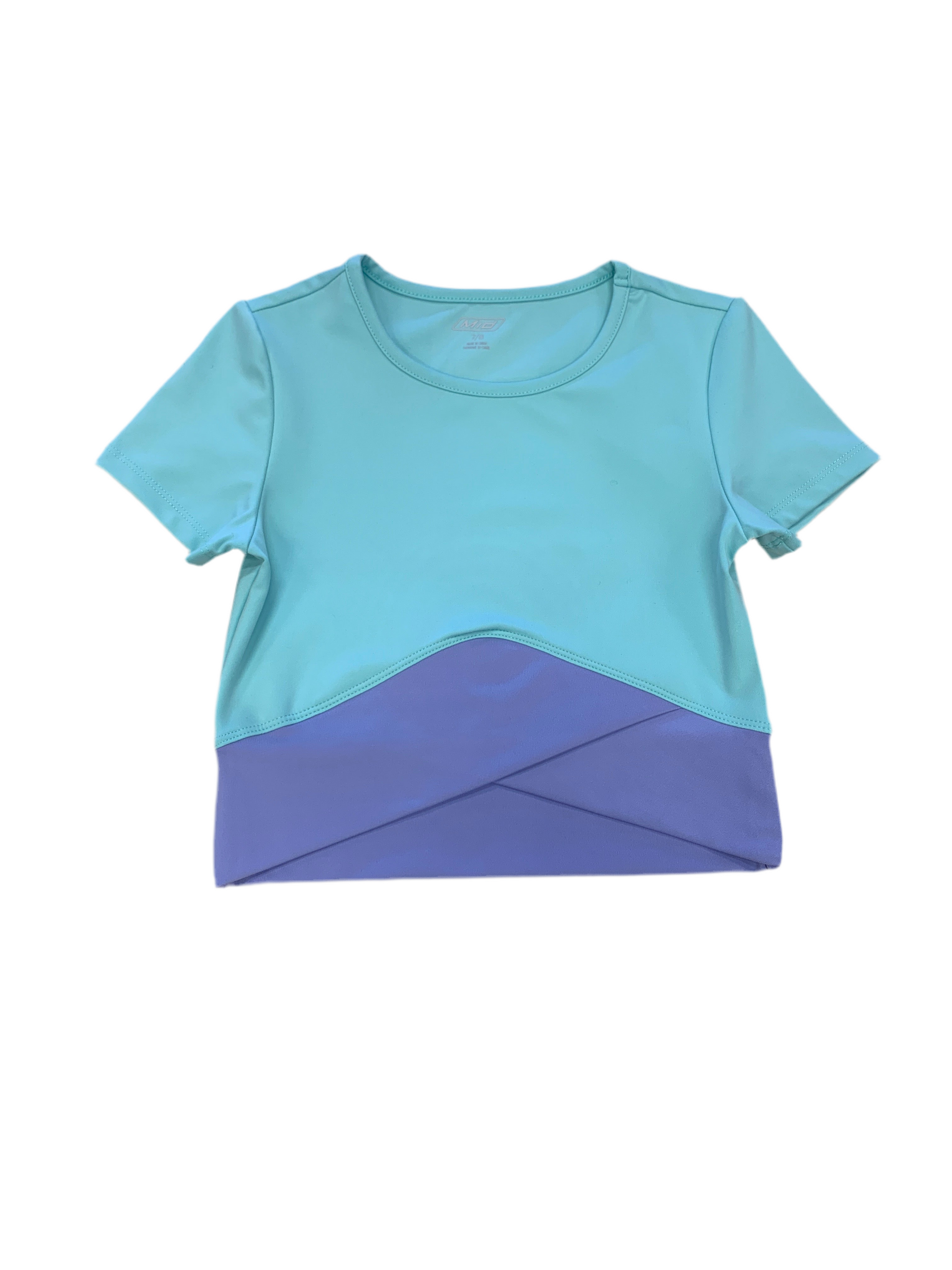 Crop Top - M.I.D. bicolore turquoise et violet en polyester et elasthane, style court, vue de face, pour femme adulte.