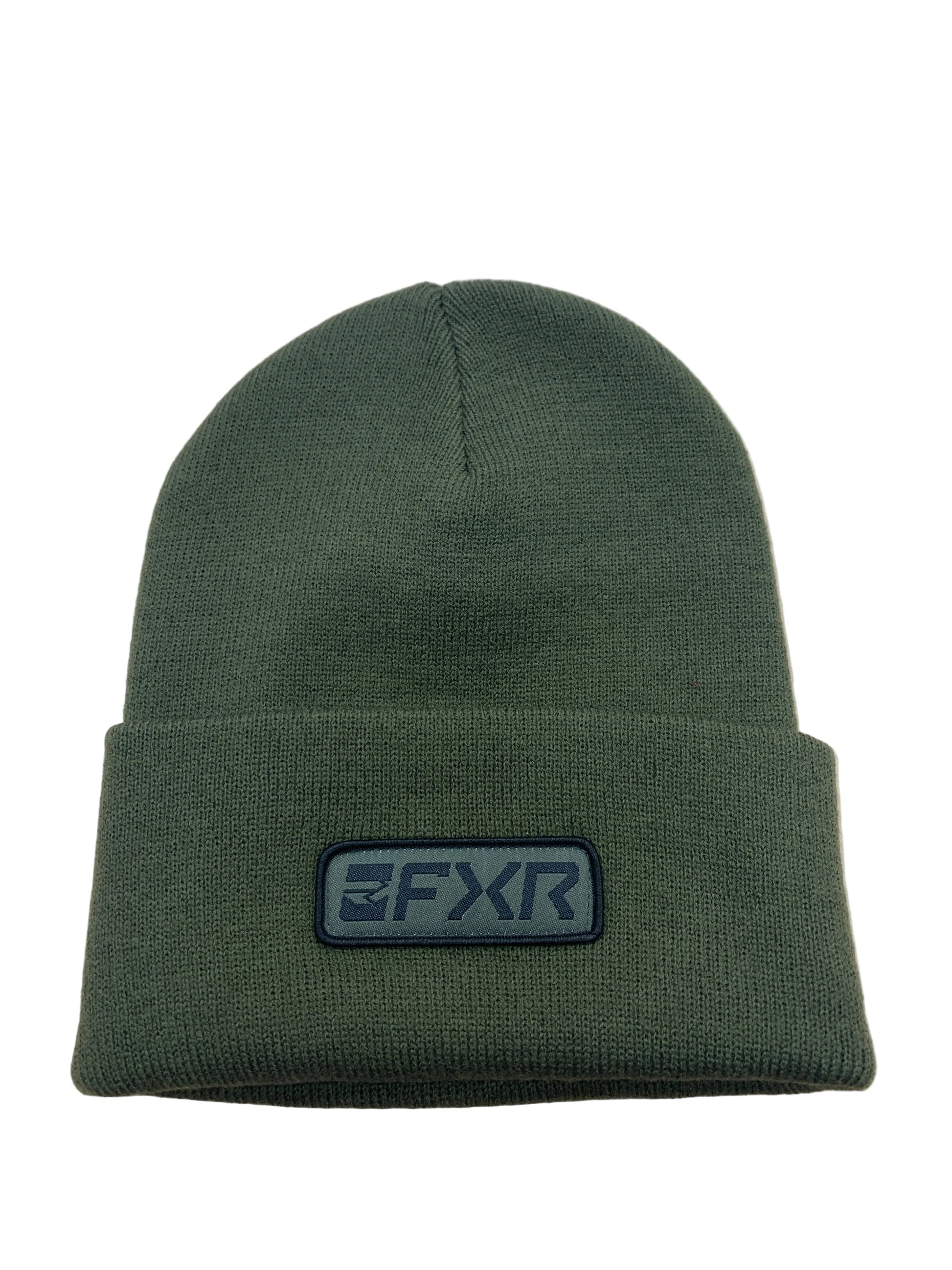 Tuque d'hiver - FXR en tricot vert kaki avec logo FXR noir, style classique à revers, vue de face.
