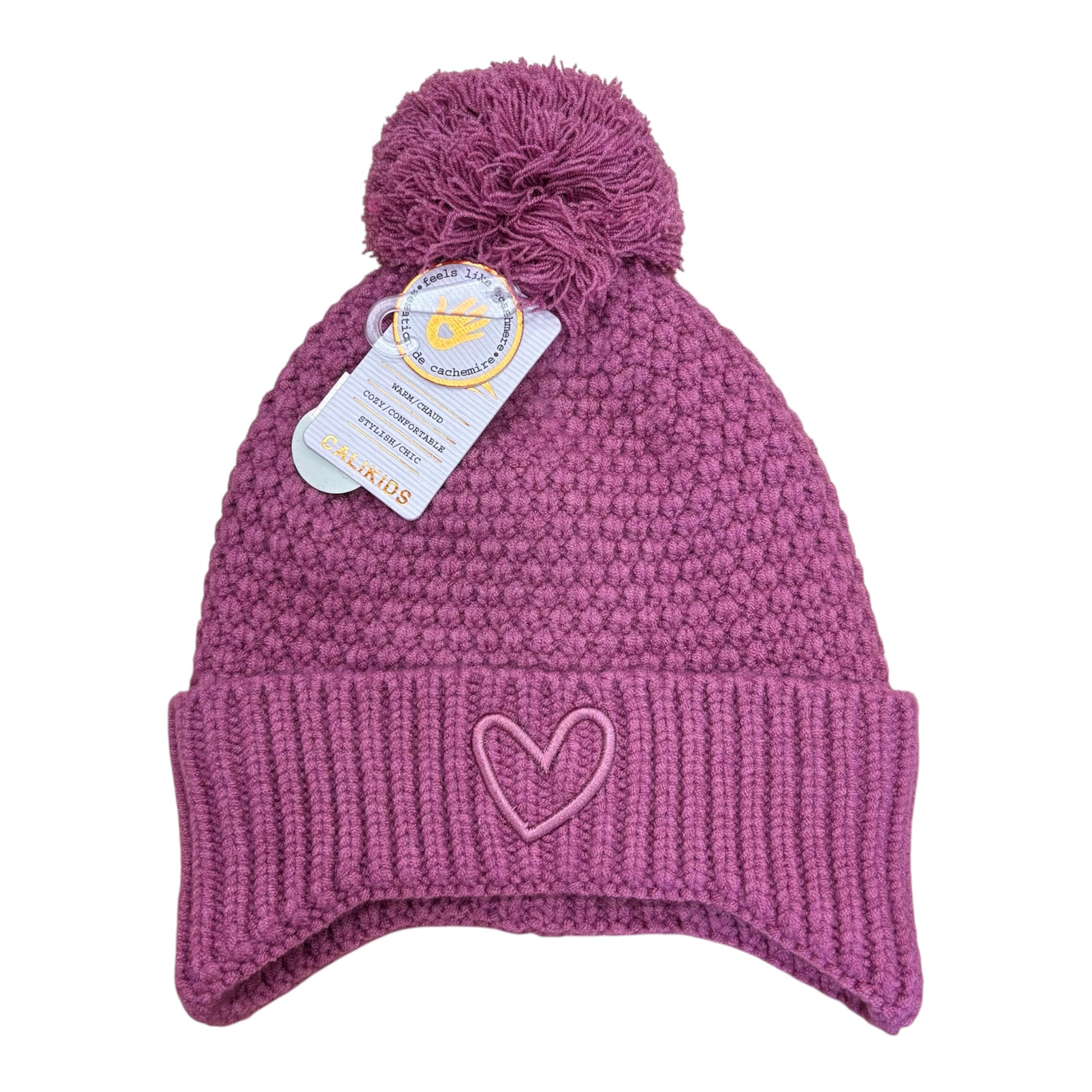 Tuque d'hiver - Calikids mauve en tricot avec pompon et motif cœur sur revers côtelé pour enfant vue de face