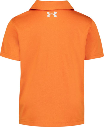Polo - Under Armour orange en polyester 100% pour enfant, vue de dos avec col classique et logo blanc au dos.