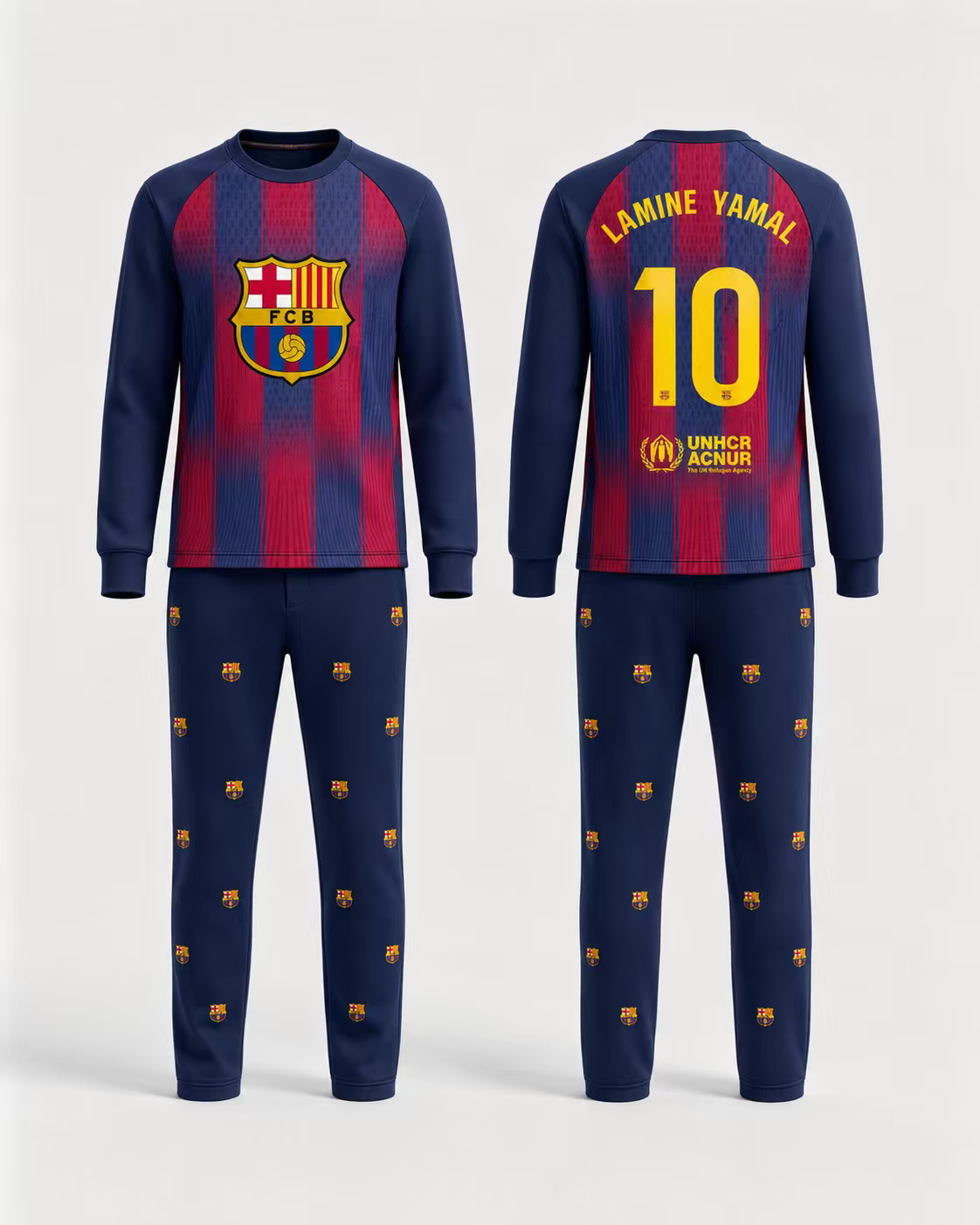 Pyjama - Lamine Yamal bleu marine et bordeaux à manches longues en coton, motif FC Barcelone, pour enfant, vues de face et de dos.