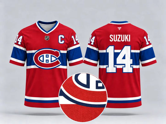 Jersey manches courtes - Suzuki - PROMO 2 pour 50$, maillot de hockey rouge, blanc et bleu, vues de face et de dos, numéro 14