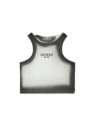 Camisole - Guess gris dégradé en matière côtelée avec logo central, style moderne, vue de face.