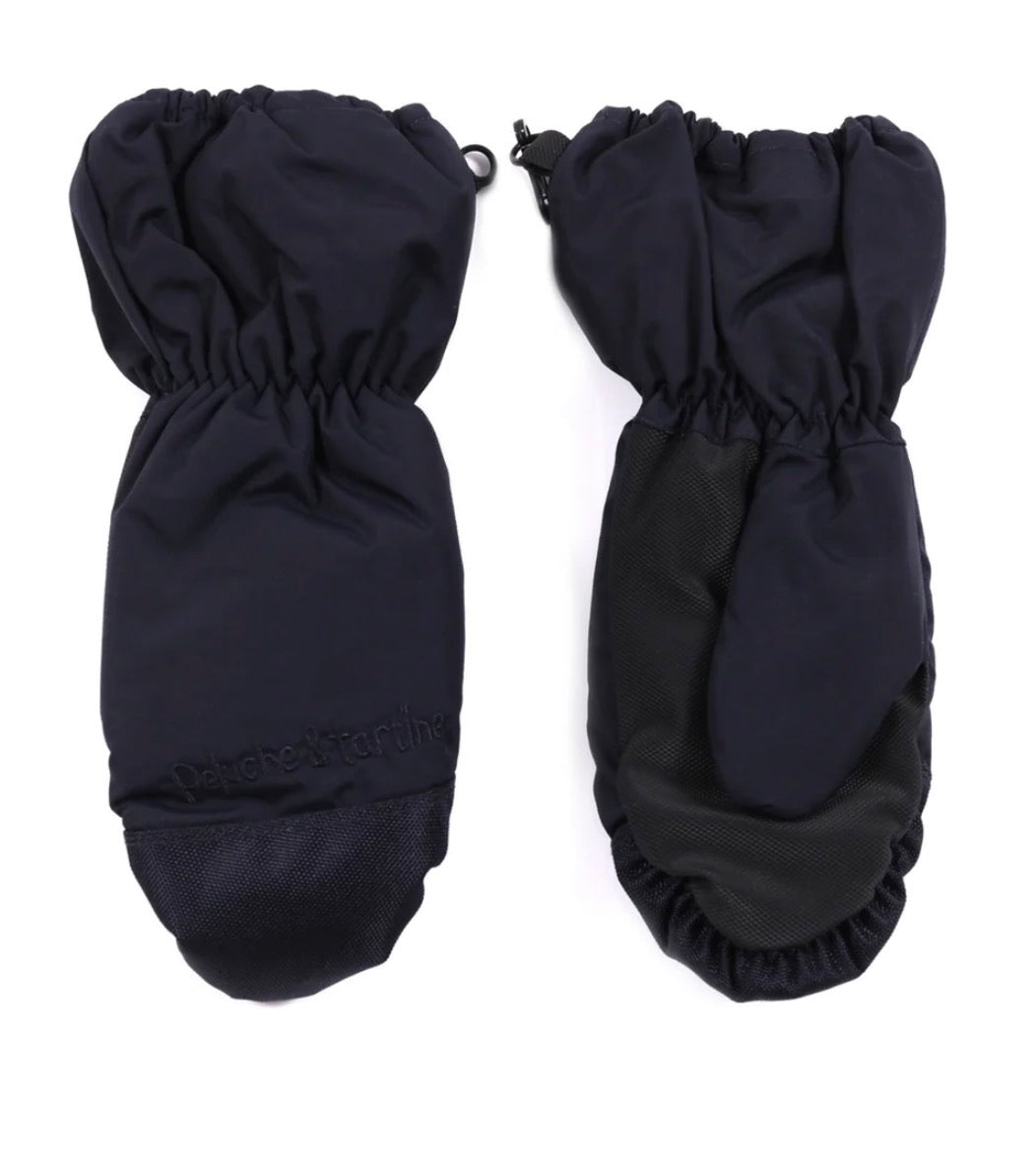 Mitaines d'hiver - Peluche et Tartine bleu marine en tissu avec paumes noires antidérapantes, vues de face et de dos