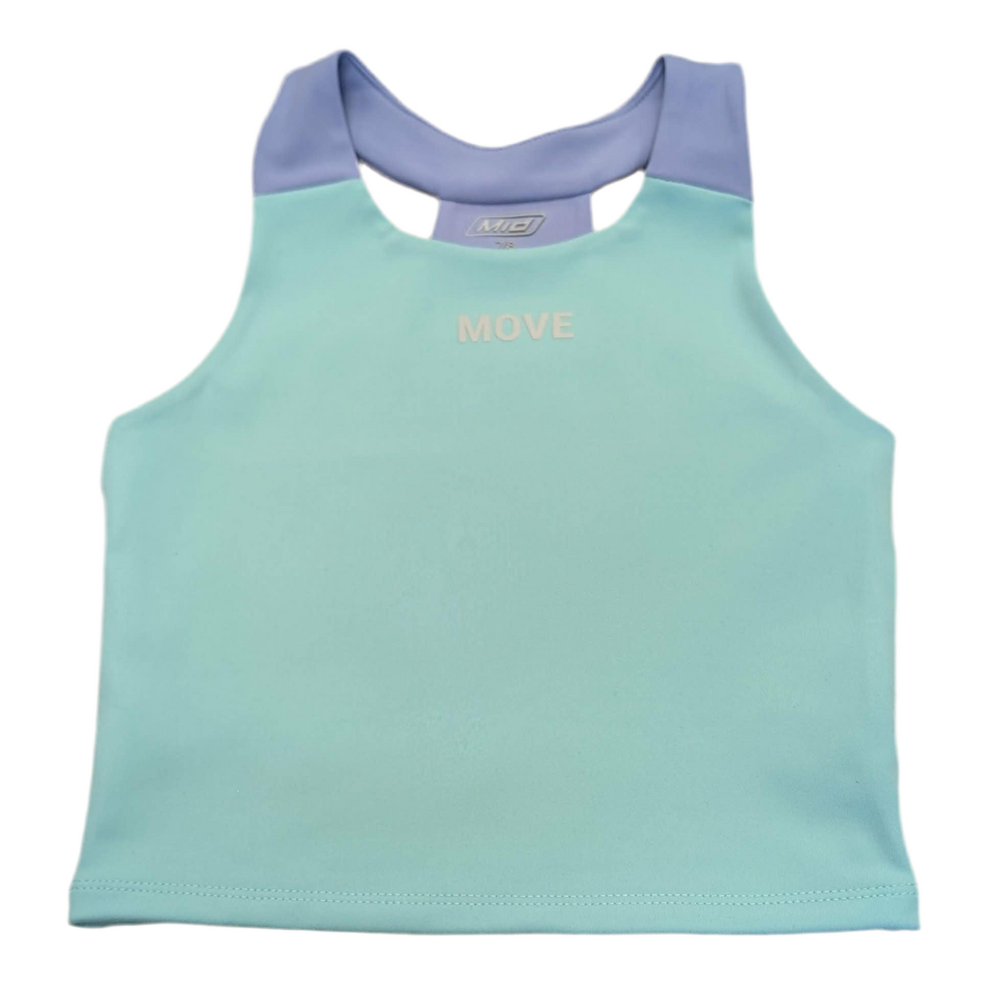 Camisole - M.I.D bleu clair avec empiècements bleu violet, matière polyester et élasthanne, vue de face, enfant.
