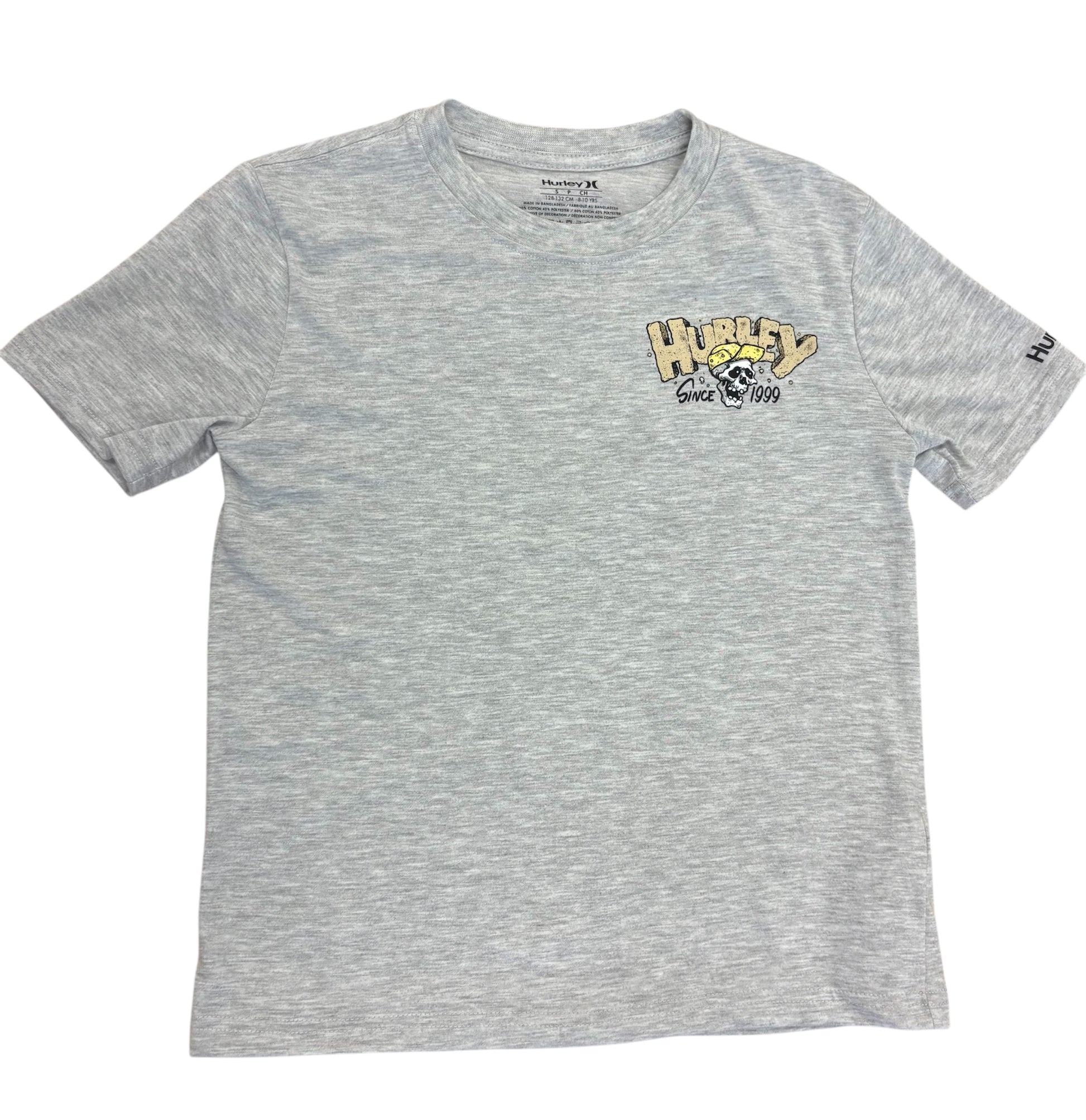 T-Shirt - Hurley gris clair en coton polyester 60 40 avec logo jaune et noir, style casual, vue de face pour enfant garçon