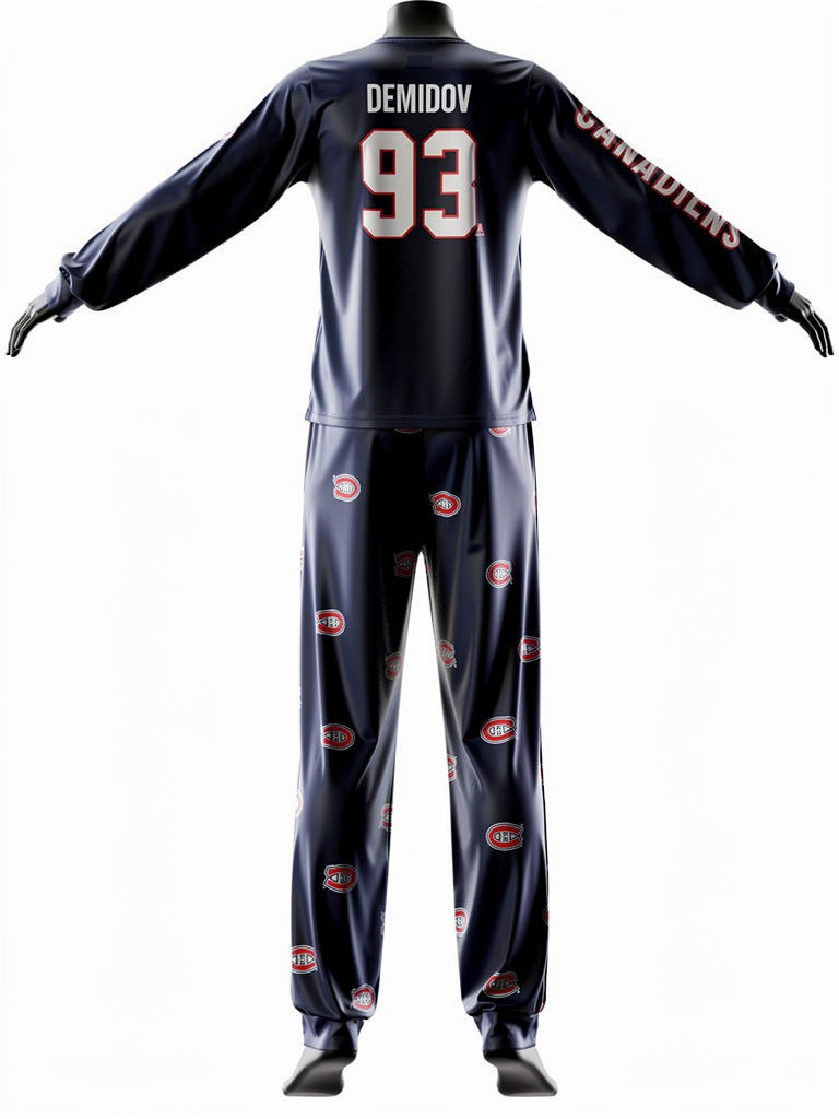 Ensemble pyjama bleu marine avec motifs Canadiens rouges et blancs, nom Demidov et numéro 93, porté de dos sur mannequin.
