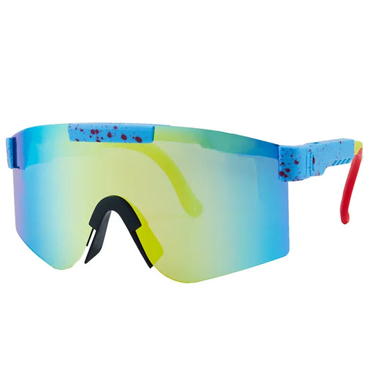 Lunettes de soleil - Kids Windshield bleu clair avec taches rouges, verre miroir jaune bleu, style sport, vue de profil.