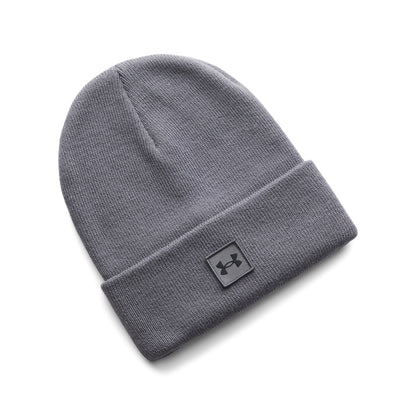 Tuque d'hiver - Under Armour en tricot gris, style classique avec revers, vue de dessus, unisexe adulte.